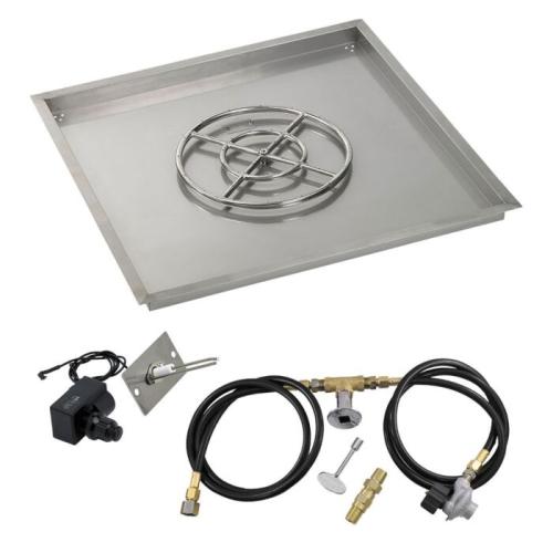 American Fire Glass 36 Inch Square Propane Gas Drop In Fire Pit Pan with Spark Ignition Kit 18 Inch Fire Pit Ring