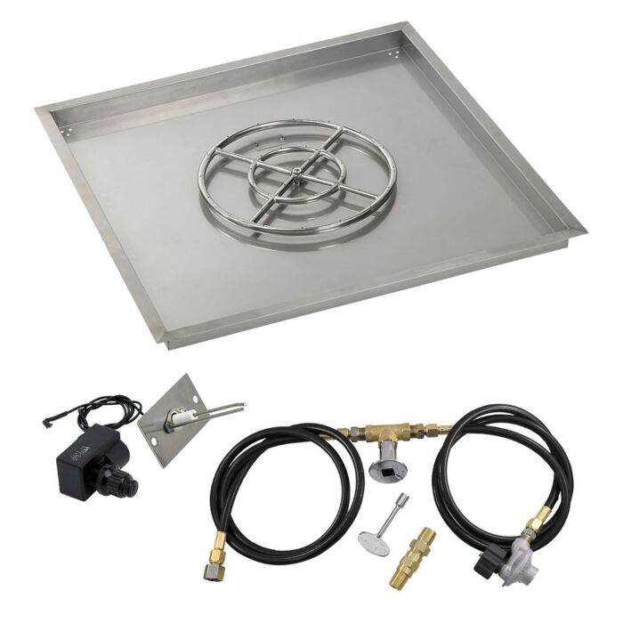 American Fire Glass 36 Inch Square Propane Gas Drop In Fire Pit Pan with Spark Ignition Kit 18 Inch Fire Pit Ring