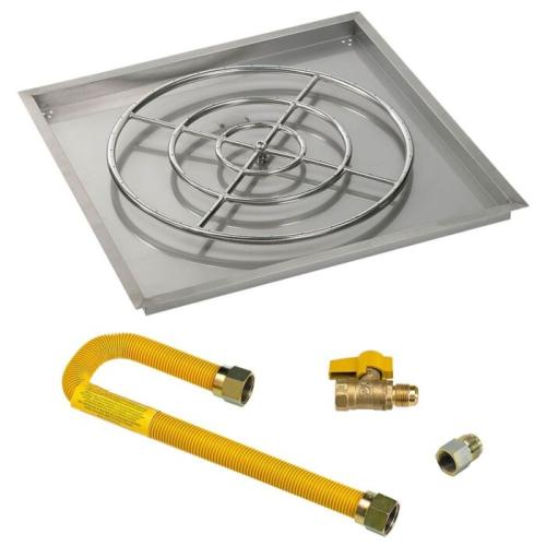 American Fire Glass 36 Inch Square Natural Gas Drop In Fire Pit Pan with Match Light Kit 24 Inch Fire Pit Ring