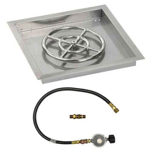 American Fire Glass 18 Inch Square Propane Gas Drop In Fire Pit Pan with Match Light Kit 12 Inch Fire Pit Ring