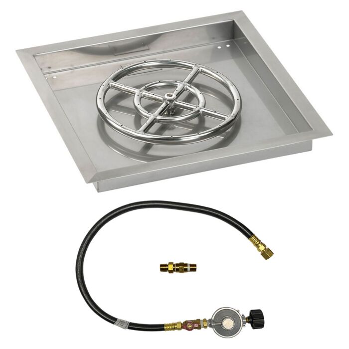 American Fire Glass 18 Inch Square Propane Gas Drop In Fire Pit Pan with Match Light Kit 12 Inch Fire Pit Ring