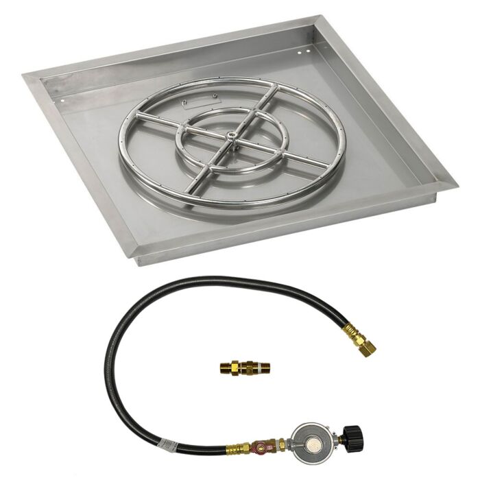 American Fire Glass 24 Inch Square Propane Gas Drop In Fire Pit Pan with Match Light Kit 18 Inch Fire Pit Ring