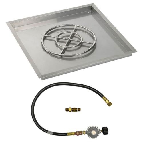 American Fire Glass 30 Inch Square Propane Gas Drop In Fire Pit Pan with Match Light Kit 18 Inch Fire Pit Ring