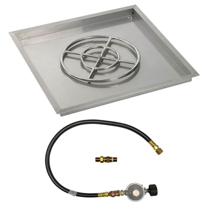 American Fire Glass 30 Inch Square Propane Gas Drop In Fire Pit Pan with Match Light Kit 18 Inch Fire Pit Ring