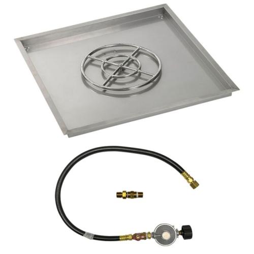 American Fire Glass 36 Inch Square Propane Gas Drop In Fire Pit Pan with Match Light Kit 18 Inch Fire Pit Ring