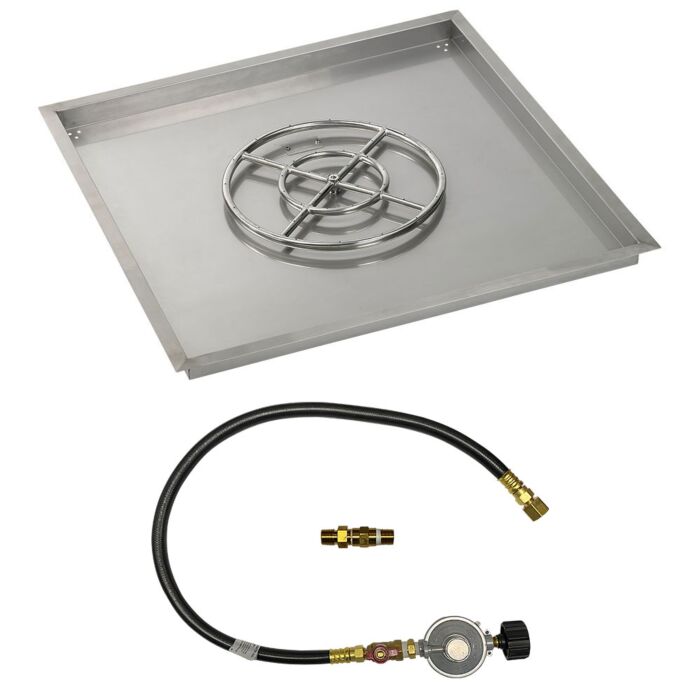 American Fire Glass 36 Inch Square Propane Gas Drop In Fire Pit Pan with Match Light Kit 18 Inch Fire Pit Ring