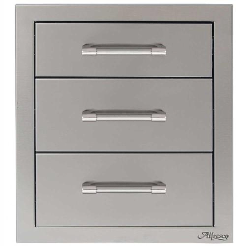 Alfresco Grills 17 Inch Stainless Steel Triple Access Drawer with Soft Close Hardware   Stainless Steel