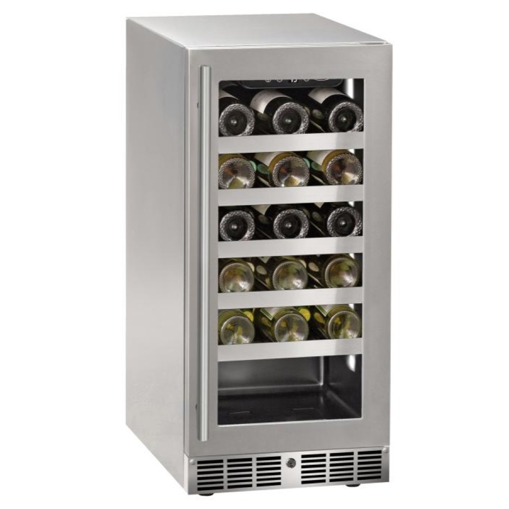 Marvel 15 Inch Essential Collection 28 Bottle Stainless Steel Glass Door Outdoor Wine Refrigerator with Lock   Reversible Hinge