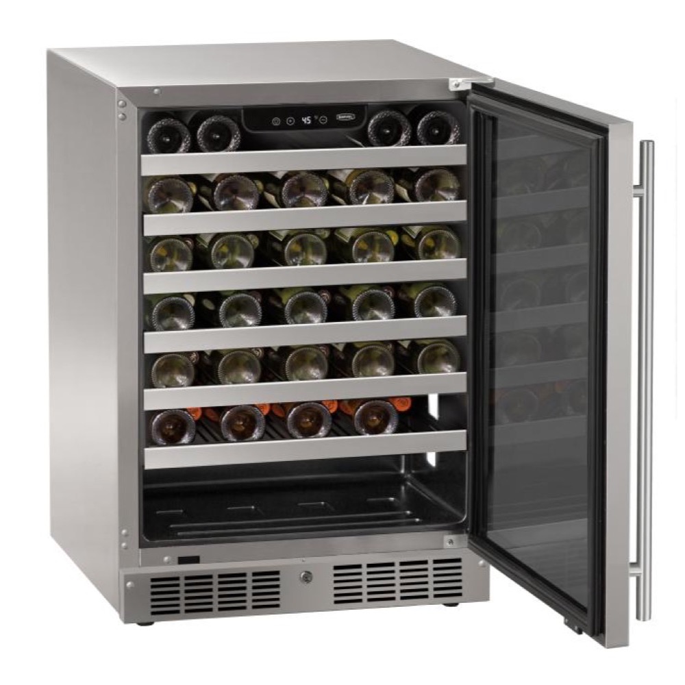 Marvel 24 Inch Essential Collection 55 Bottle Stainless Steel Glass Door Outdoor Wine Refrigerator with Lock   Reversible Hinge
