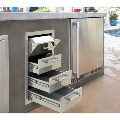 Alfresco Grills 17 Inch Stainless Steel Triple Access Drawer and Paper Towel Holder with Soft Close Hardware   Stainless Steel