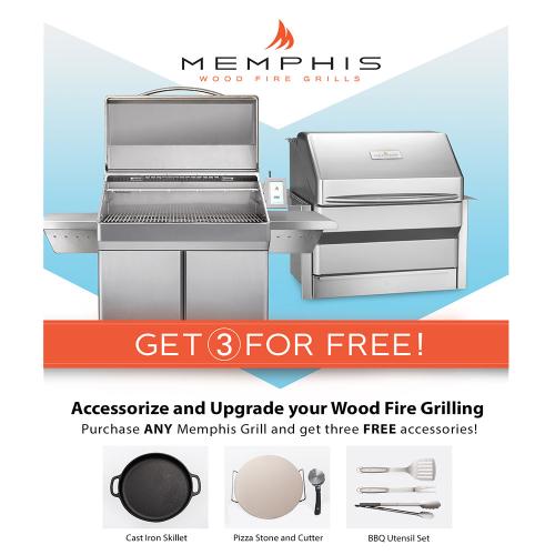 Memphis Grills Get Three for Free Promotional Package Cast Iron Skillet Pizza Stone with Cutter and BBQ Utensil Set