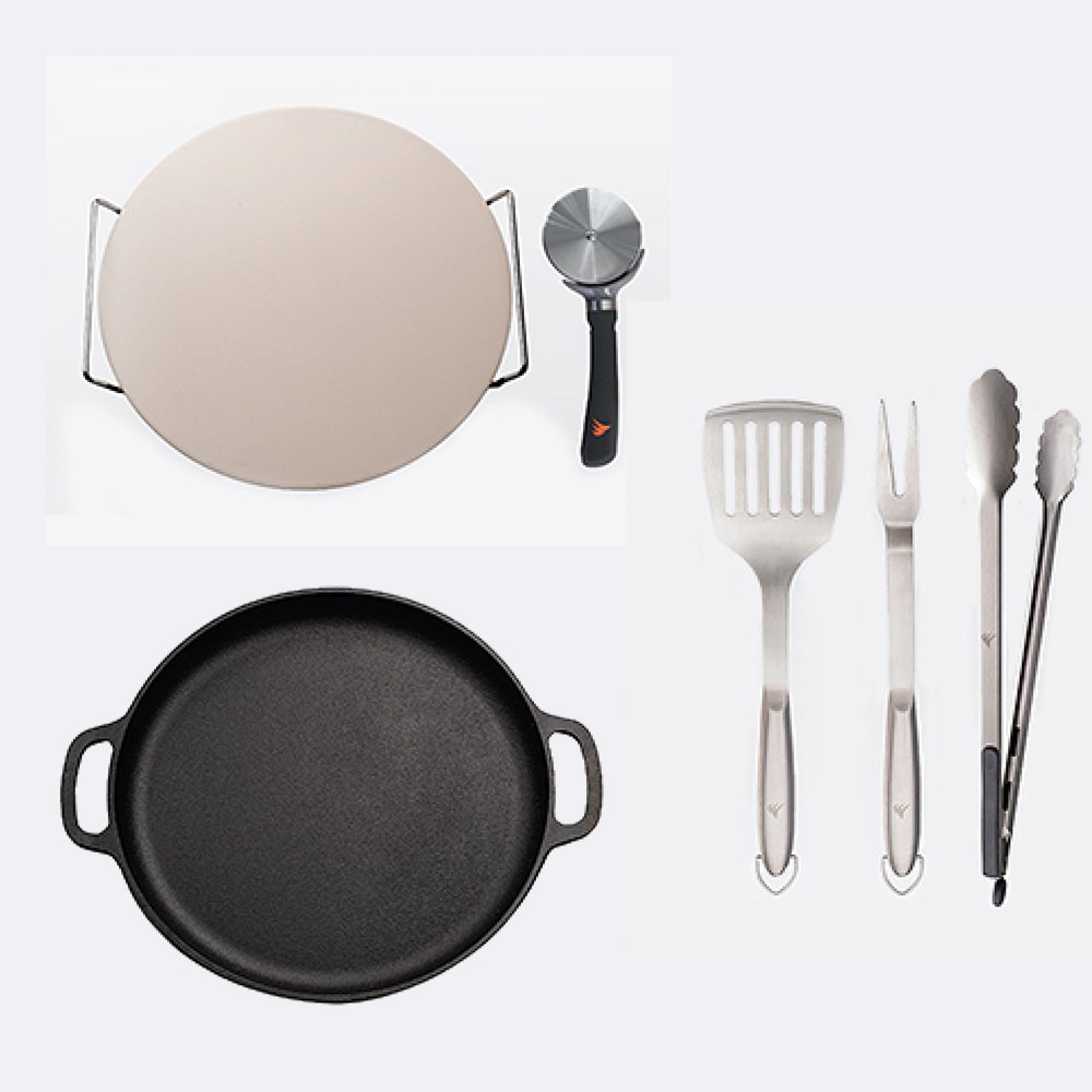 Memphis Grills Get Three for Free Promotional Package Cast Iron Skillet Pizza Stone with Cutter and BBQ Utensil Set