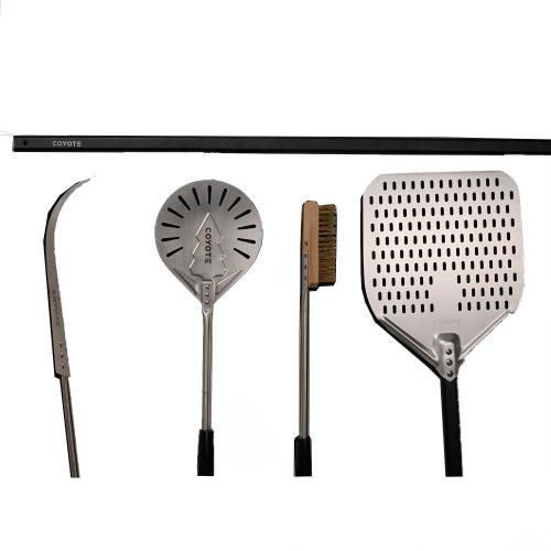 Coyote Grills Pizza Oven Promotional Package Ash Hook Round Pizza Peel Brass Bristle Brush and Aluminum Pizza Peel