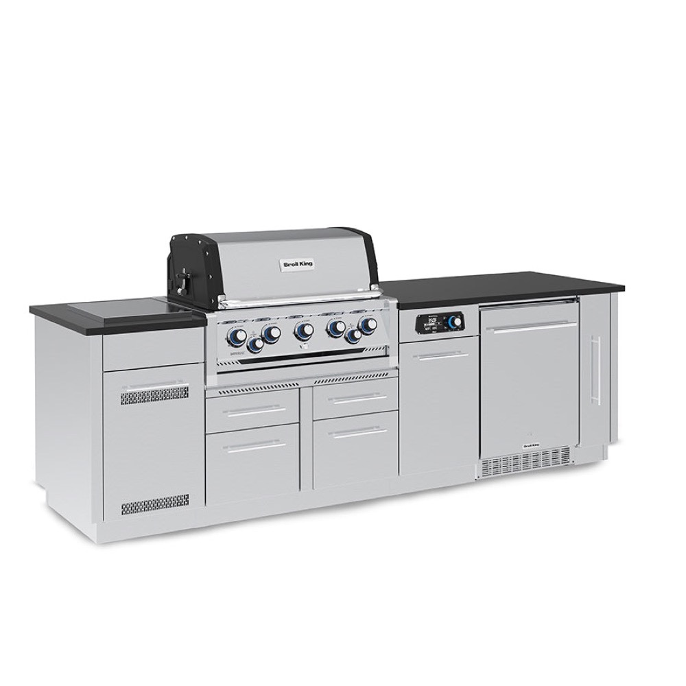 Broil King Imperial QS 590iF 5 Burner Natural Gas Grill BBQ Island with Rotisserie Side Burner  and  Outdoor Fridge