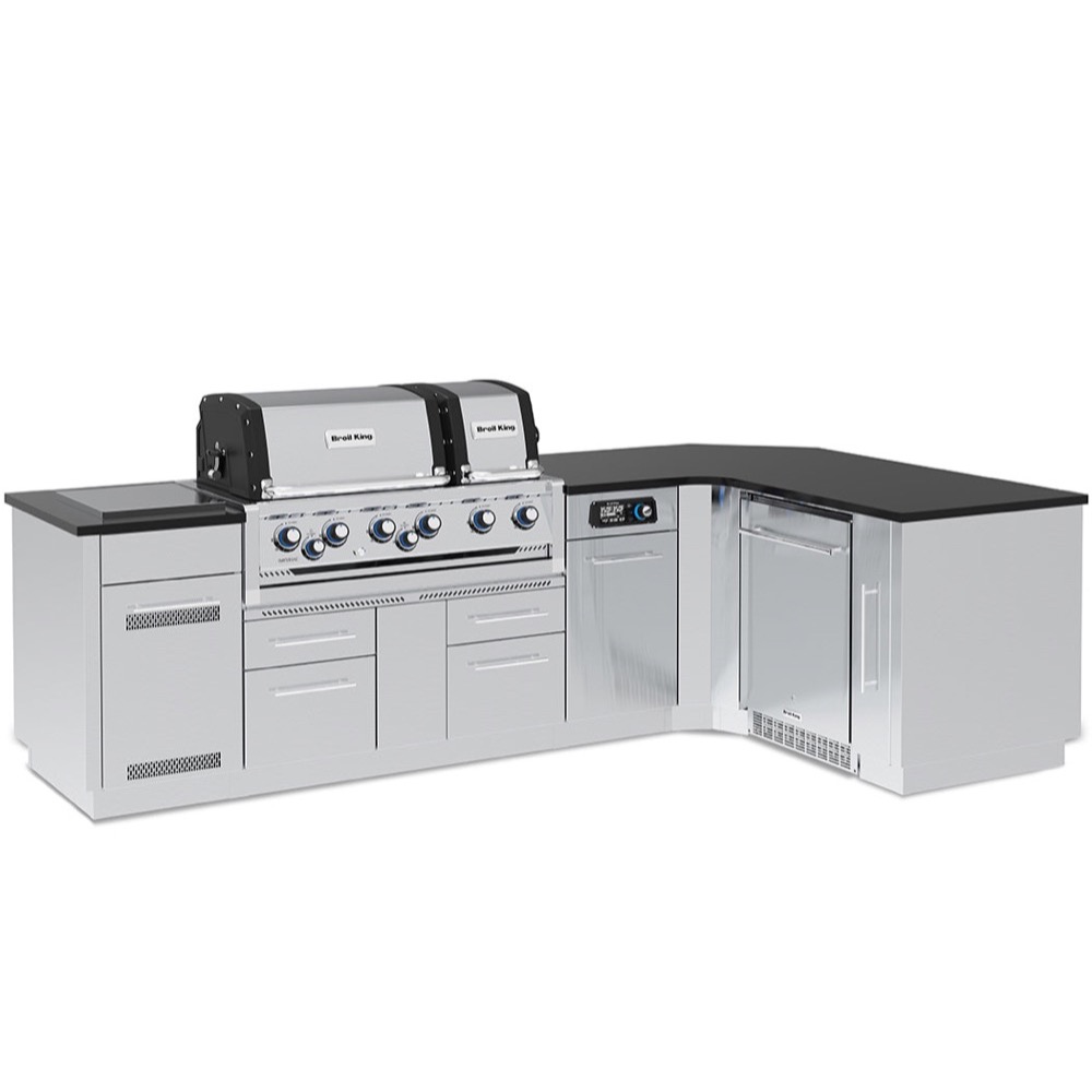 Broil King Imperial QS 690iG 6 Burner Natural Gas Grill L Shaped BBQ Island with Rotisserie Side Burner  and  Outdoor Fridge