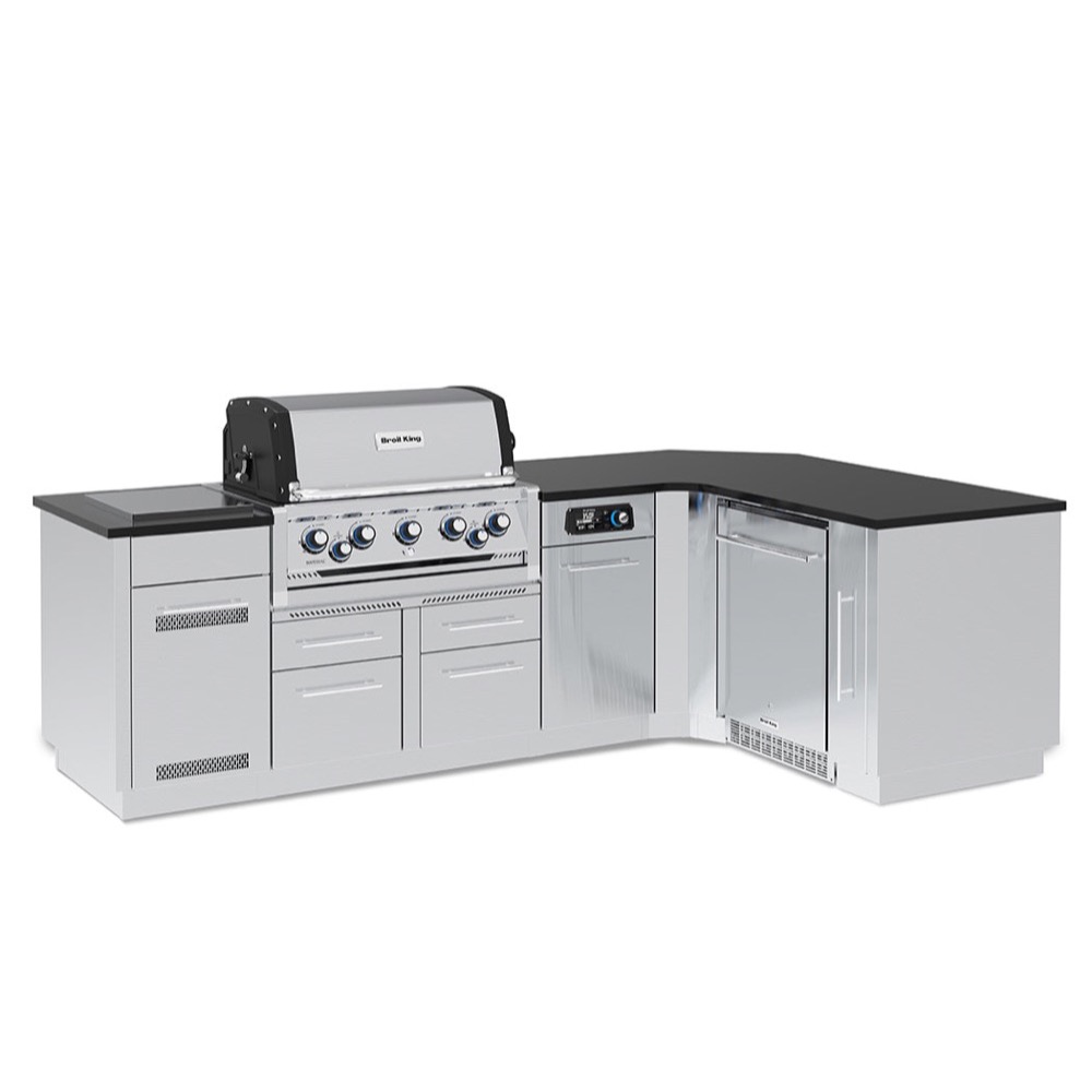 Broil King Imperial QS 590iG 5 Burner Propane Gas Grill L Shaped BBQ Island with Rotisserie Side Burner  and  Outdoor Fridge