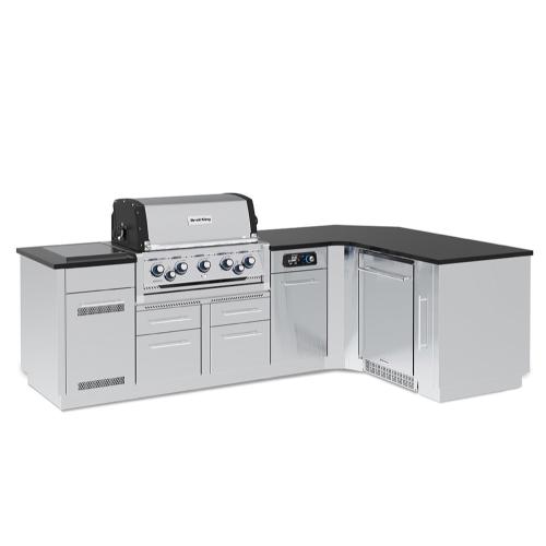 Broil King Imperial QS 590iG 5 Burner Natural Gas Grill L Shaped BBQ Island with Rotisserie Side Burner  and  Outdoor Fridge