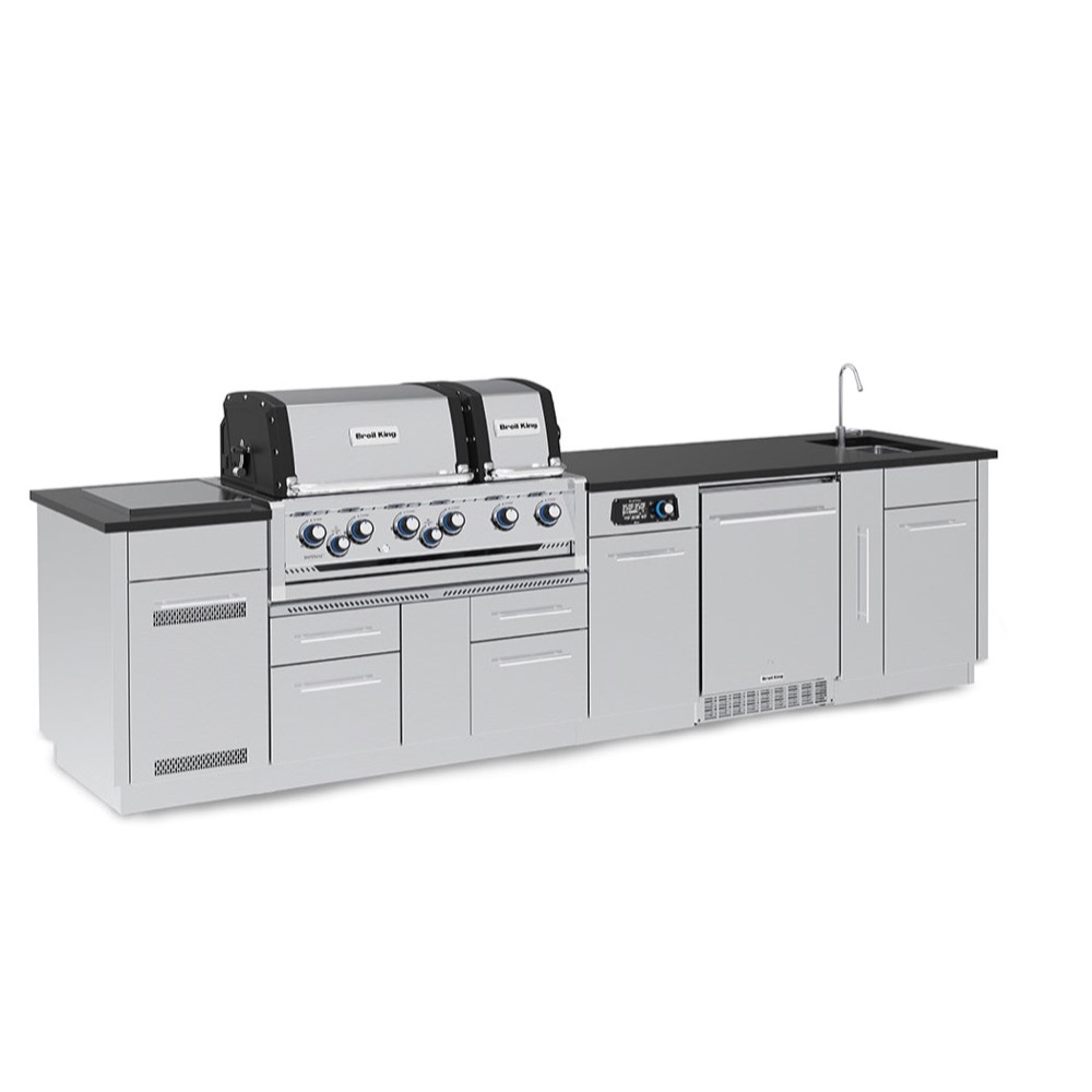 Broil King Imperial QS 690iH 6 Burner Propane Gas Grill BBQ Island with Rotisserie Side Burner Outdoor Fridge  and  Sink