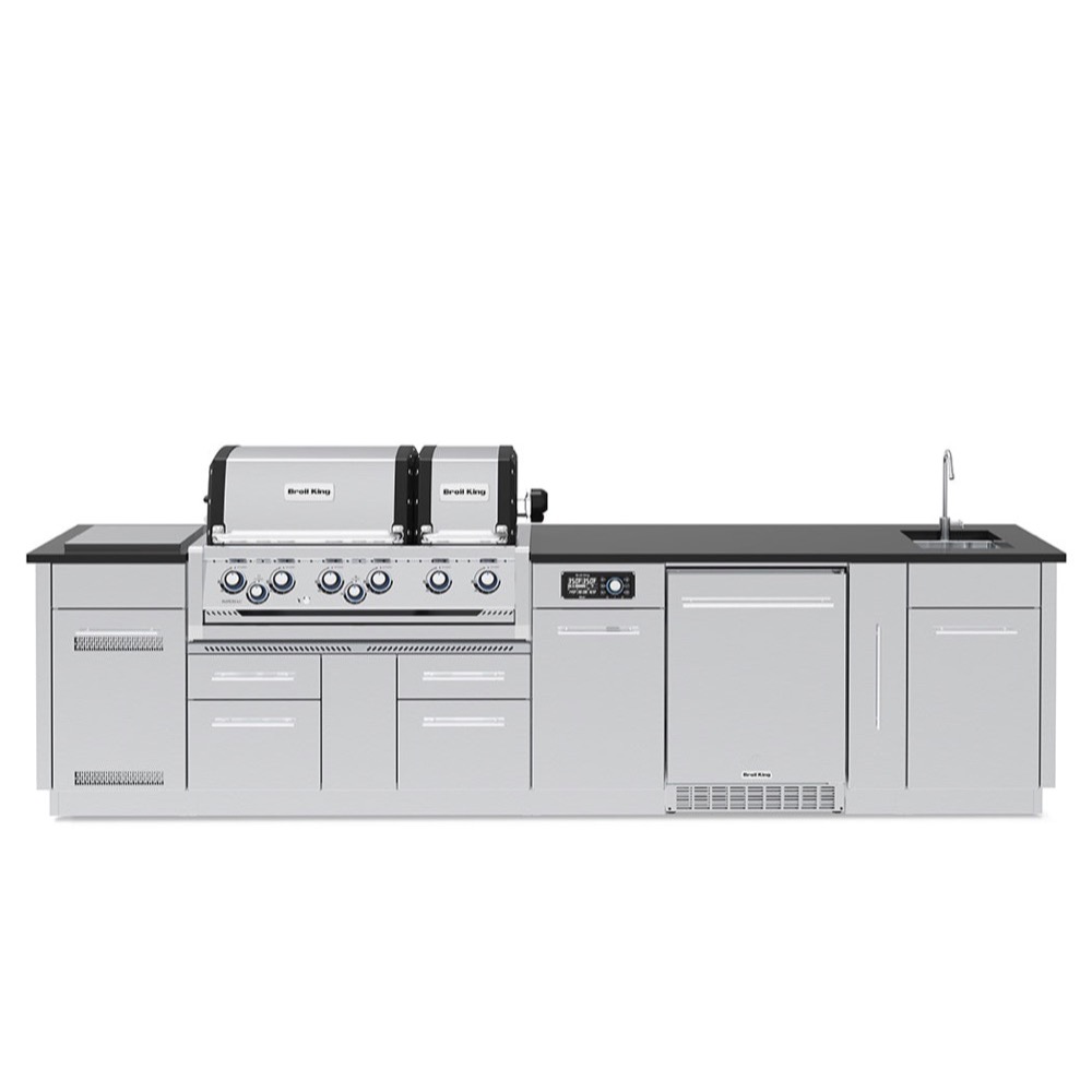 Broil King Imperial QS 690iH 6 Burner Natural Gas Grill BBQ Island with Rotisserie Side Burner Outdoor Fridge  and  Sink