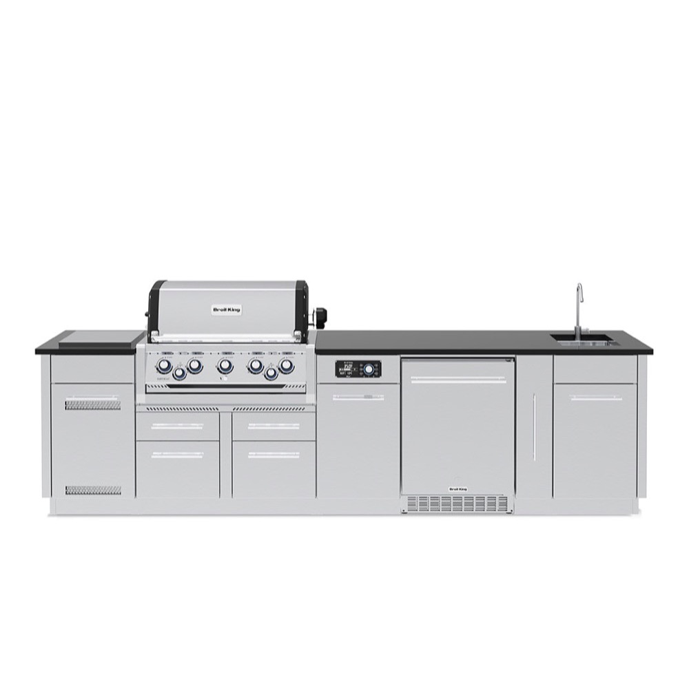 Broil King Imperial QS 590iH 5 Burner Propane Gas Grill BBQ Island with Rotisserie Side Burner Outdoor Fridge  and  Sink