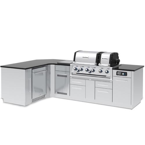 Broil King Imperial QS 690iJ 6 Burner Natural Gas Grill L Shaped BBQ Island with Rotisserie Side Burner  and  Outdoor Fridge