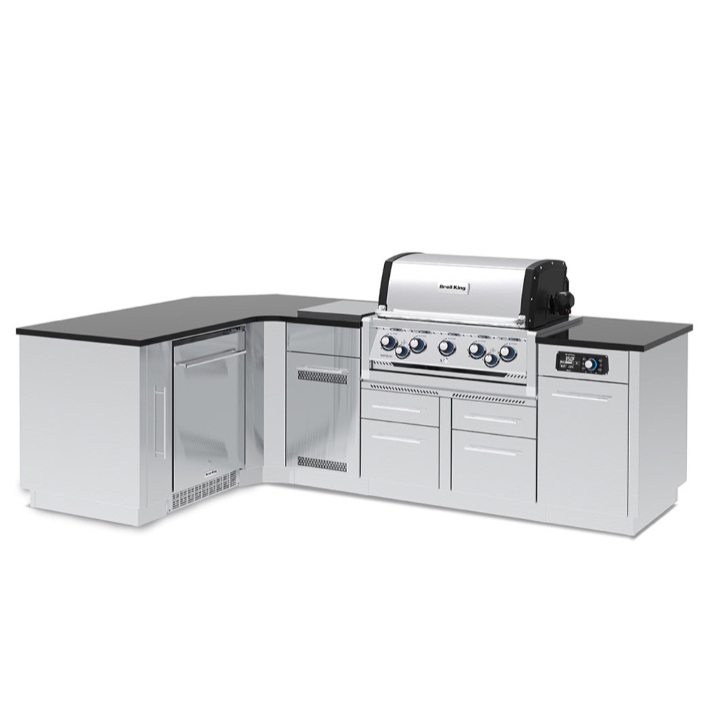 Broil King Imperial QS 590iJ 5 Burner Propane Gas Grill L Shaped BBQ Island with Rotisserie Side Burner  and  Outdoor Fridge