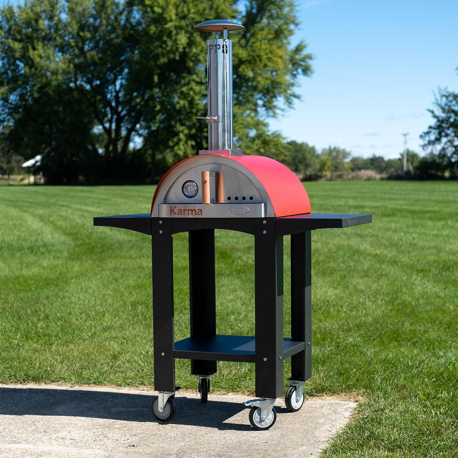 WPPO Karma 25 Inch Freestanding Wood Fired Pizza Oven with Black Cart   Red