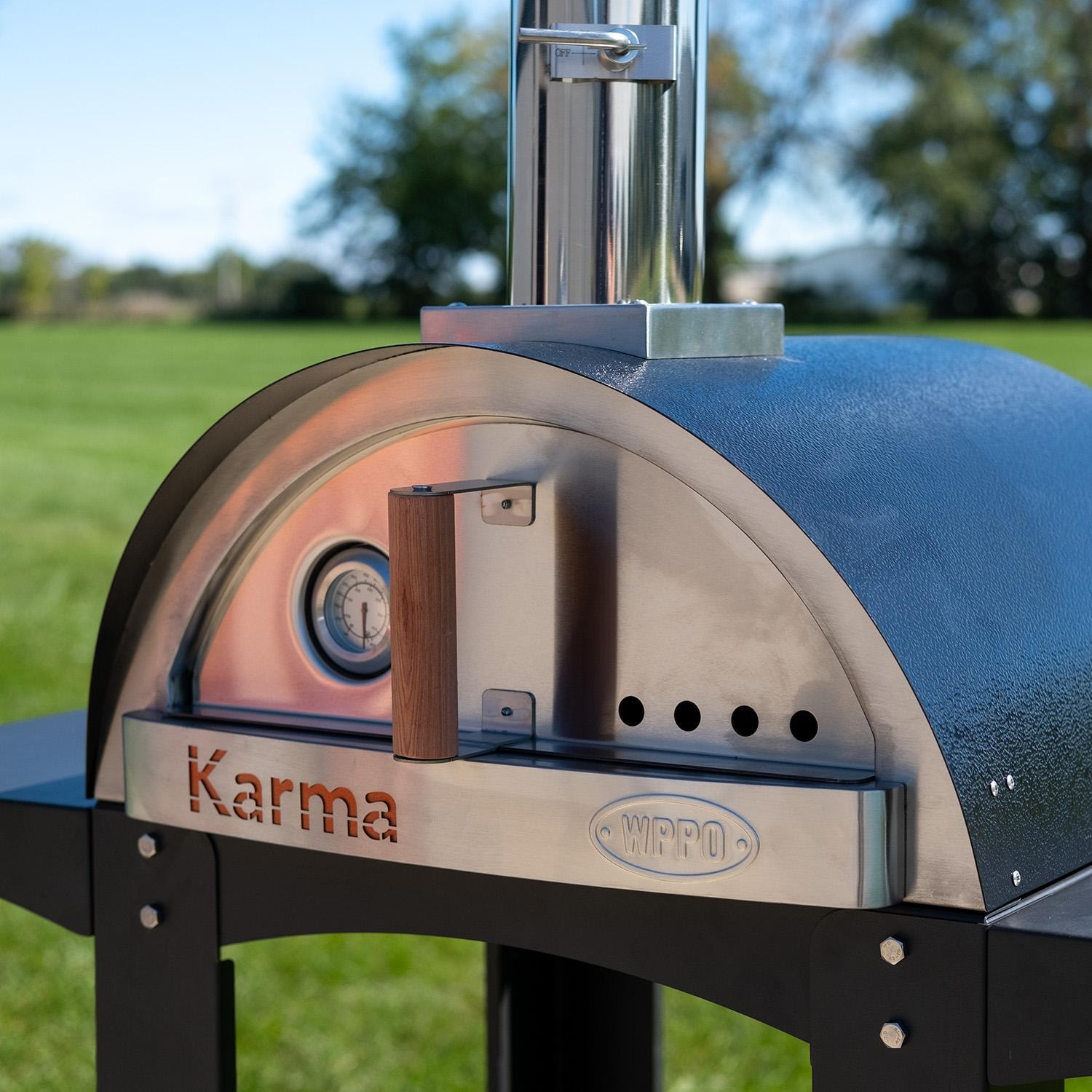 WPPO Karma 25 Inch Freestanding Wood Fired Pizza Oven with Black Cart   Black