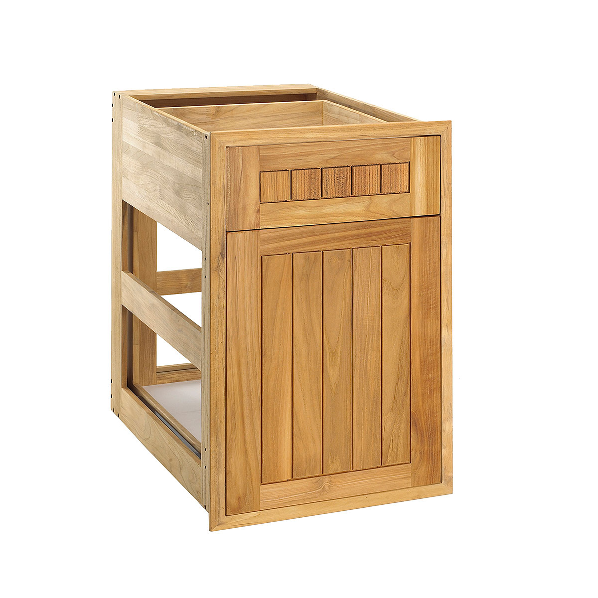 Pacific Teak Millworks Cottage Style 18 Inch Teak Wood Drawer  and  Roll Out Trash Bin Combo