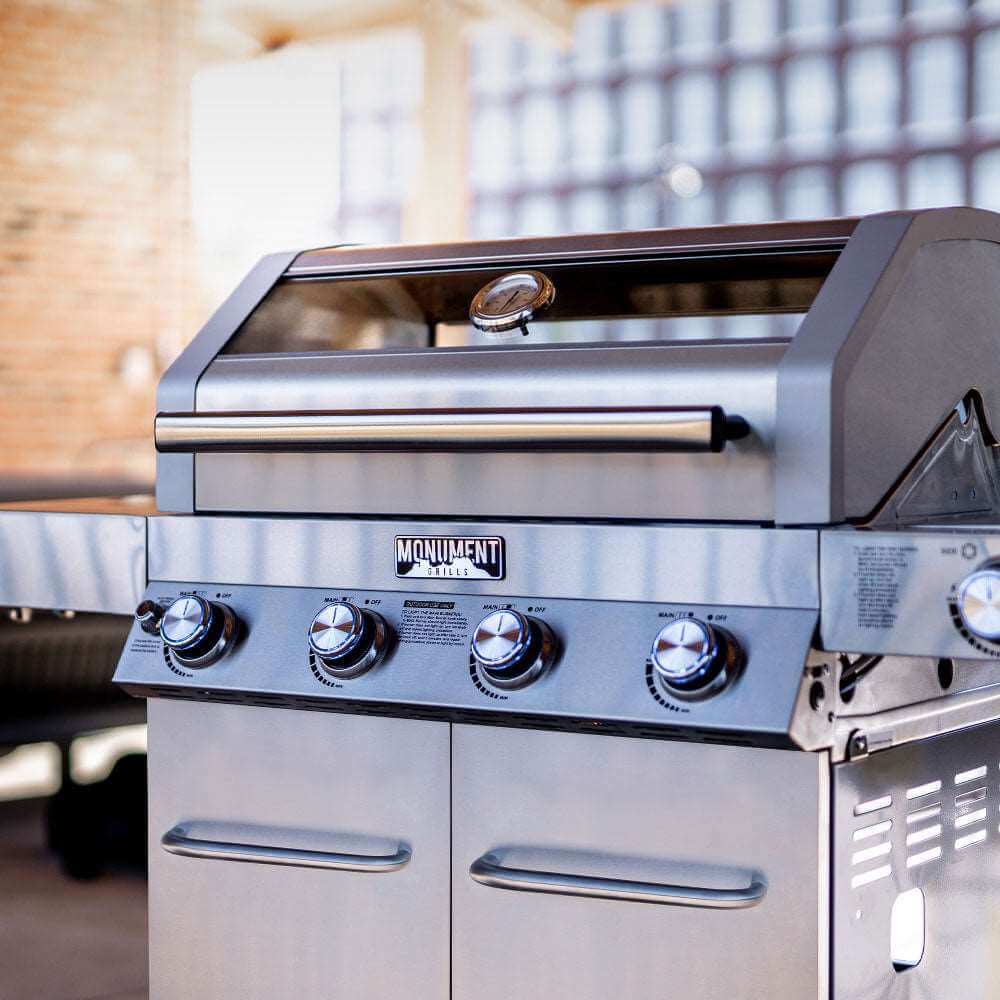 Monument Grills 4 Burner Natural Gas in Stainless Steel with Clear View Lid LED Controls and Side Burner