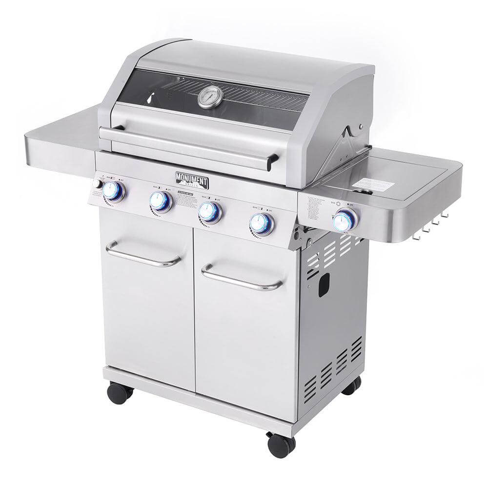 Monument Grills 4 Burner Natural Gas in Stainless Steel with Clear View Lid LED Controls and Side Burner