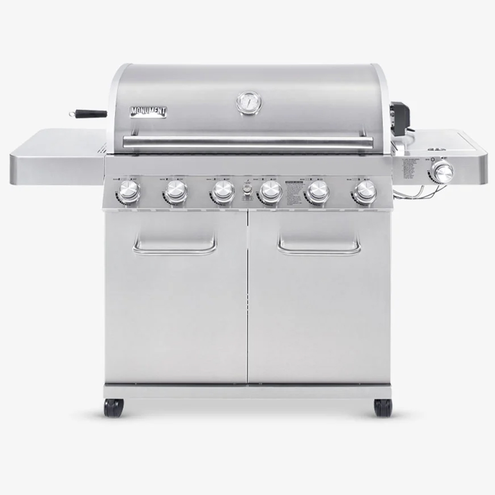 Monument Grills 6 Burner Propane Gas Grill in Stainless with LED Controls Rotisserie Kit and Side Burner