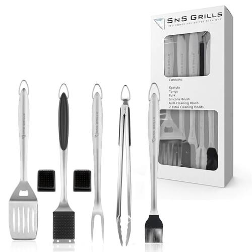 SNS Grills 7 Piece Stainless Steel Grilling Tool Set with Rubber Grips