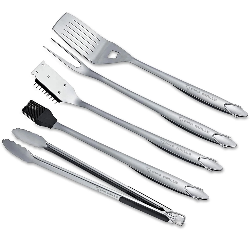 SNS Grills 7 Piece Stainless Steel Grilling Tool Set with Rubber Grips