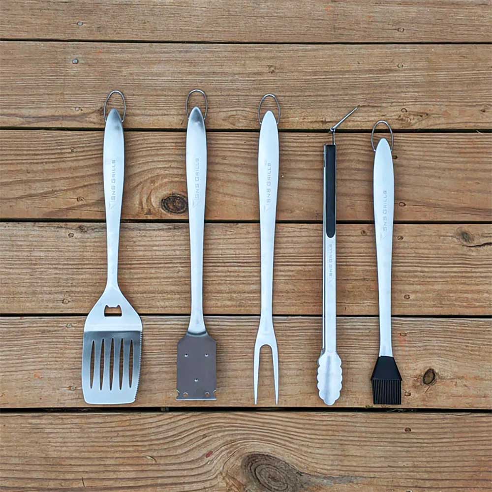 SNS Grills 7 Piece Stainless Steel Grilling Tool Set with Rubber Grips