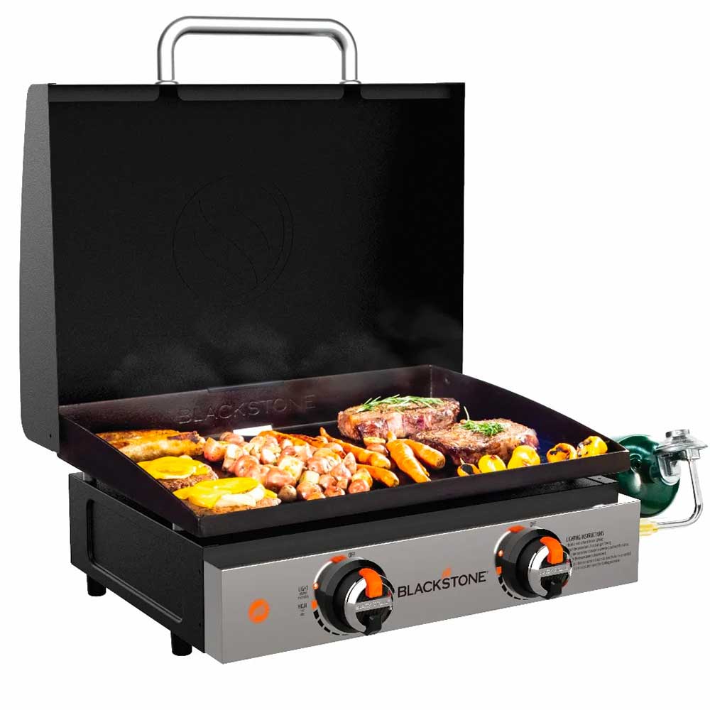 Blackstone Griddle On the Go 22 Inch 2 Burner Tabletop Propane Gas Commercial Style Flat Top Griddle with Hood